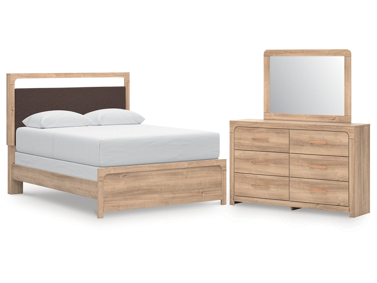 Kinlanni Tan/Brown Queen Upholstered Panel Bed, Dresser and Mirror (Online Special Price) - Ornate Home