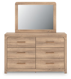Kinlanni Tan/Brown Queen Upholstered Panel Bed, Dresser and Mirror - Ornate Home