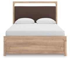 Kinlanni Tan/Brown Queen Upholstered Panel Bed, Dresser and Mirror - Ornate Home