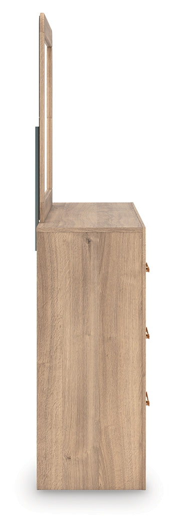 Kinlanni Tan/Brown Queen Upholstered Panel Bed, Dresser and Mirror - Ornate Home