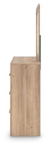 Kinlanni Tan King Upholstered Panel Bed, Dresser, Mirror and Nightstand (Online Special Price) - Ornate Home