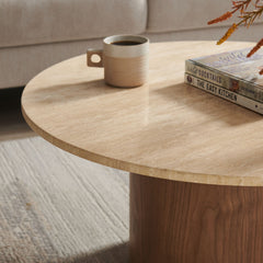 Kioni Walnut Round Travertine Coffee Table - Ornate Home