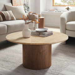 Kioni Walnut Round Travertine Coffee Table - Ornate Home