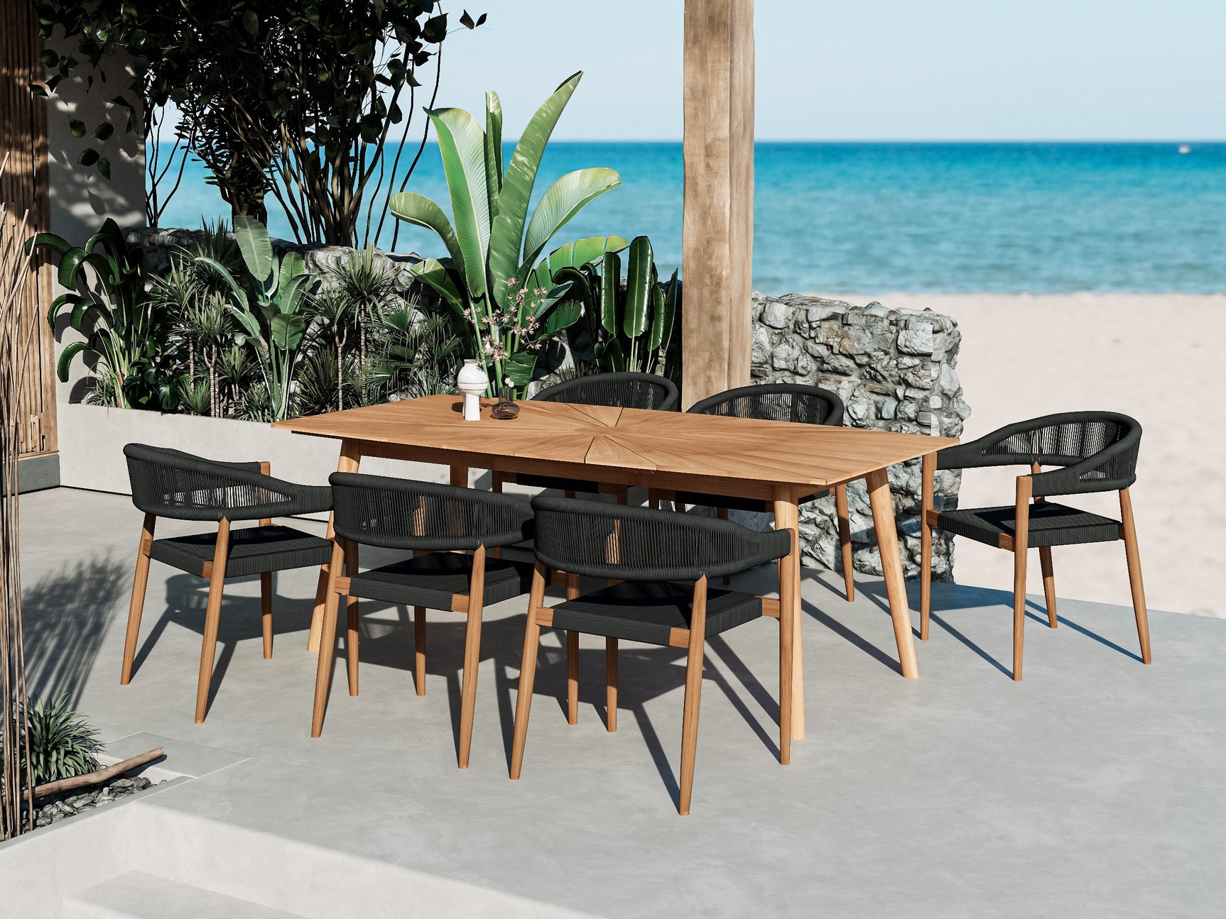 Klint Teak Black Outdoor Rope Dining Stacking Armchair (Set of 4) - Ornate Home