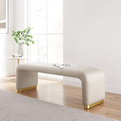 Koda Brass/Almond Performance Velvet Waterfall Long Bench - Ornate Home