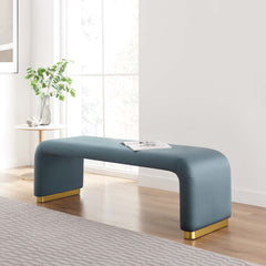 Koda Brass/Cadet Blue Performance Velvet Waterfall Long Bench - Ornate Home