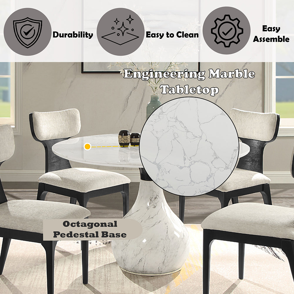 Koen Engineering Marble Top/White/Black Round Dining Table - Ornate Home