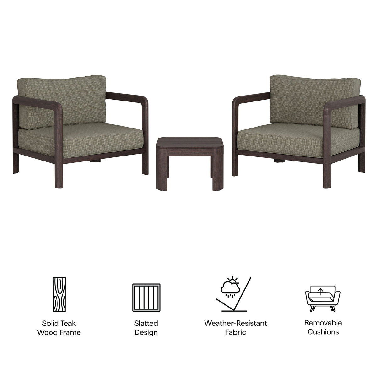 Kona Dark Brown Ash 3-Piece Outdoor Teak Wood Furniture Set