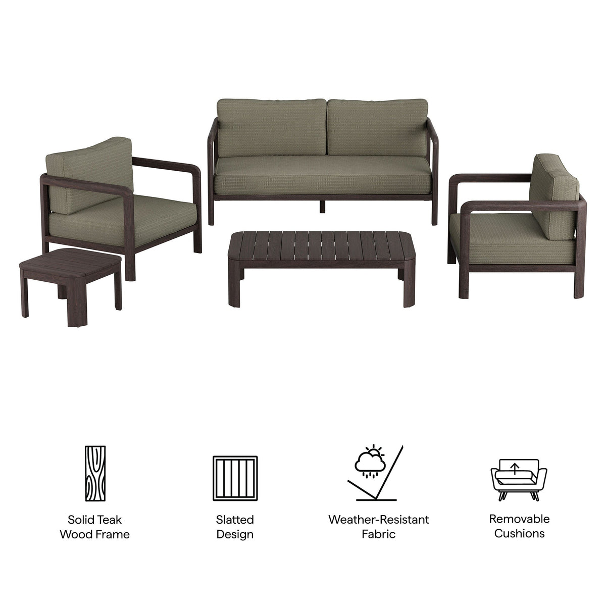 Kona Dark Brown Ash 5-Piece Outdoor Teak Wood Furniture Set