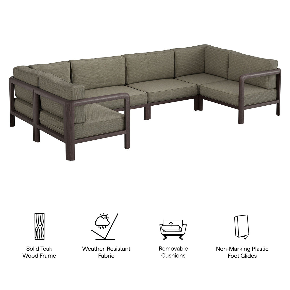 Kona Dark Brown Ash 6-Piece Outdoor Teak Wood Modular Sofa - Ornate Home