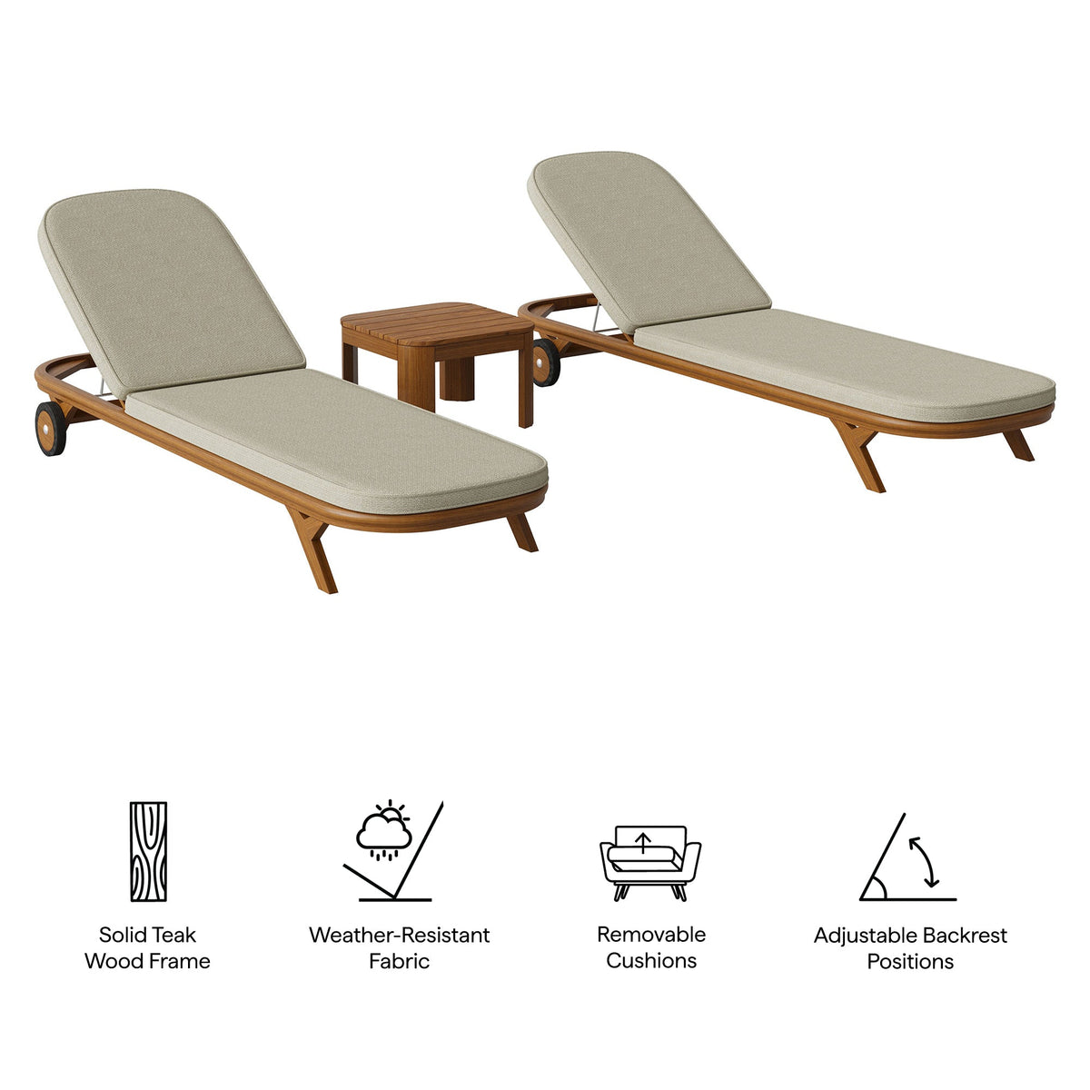 Kona Natural Sand 3-Piece Outdoor Teak Wood Chaise Lounge Set