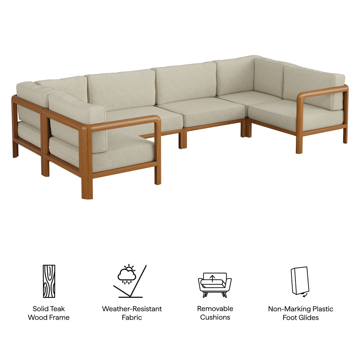 Kona Natural Sand 6-Piece Outdoor Teak Wood Modular Sofa