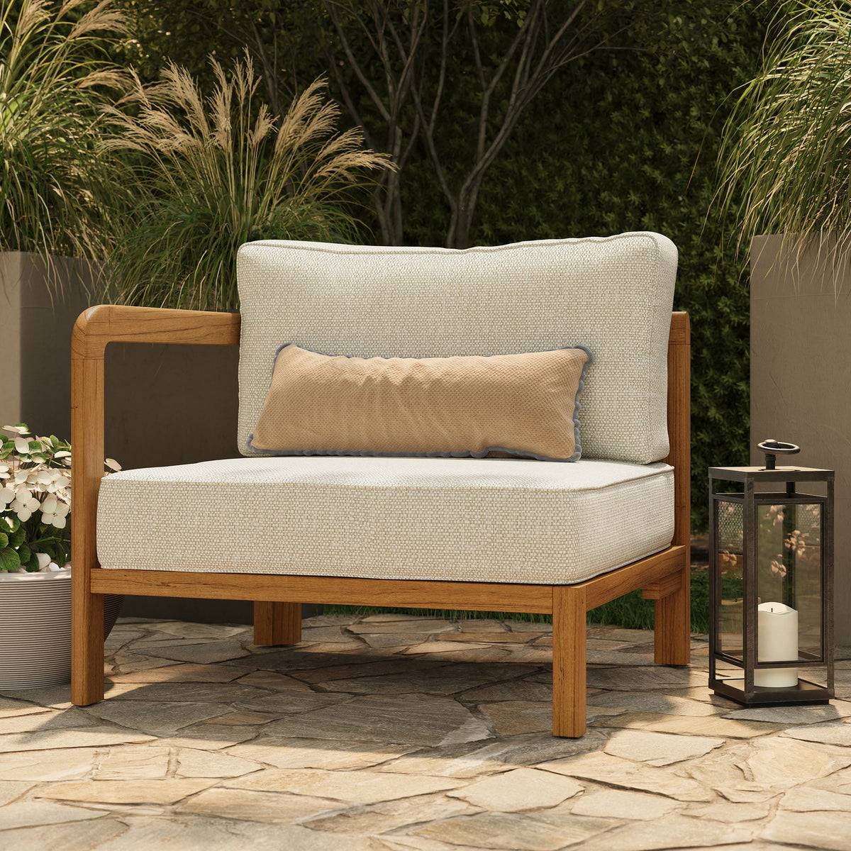 Kona Natural Sand Outdoor Teak Wood Left-Arm Facing Modular Armchair