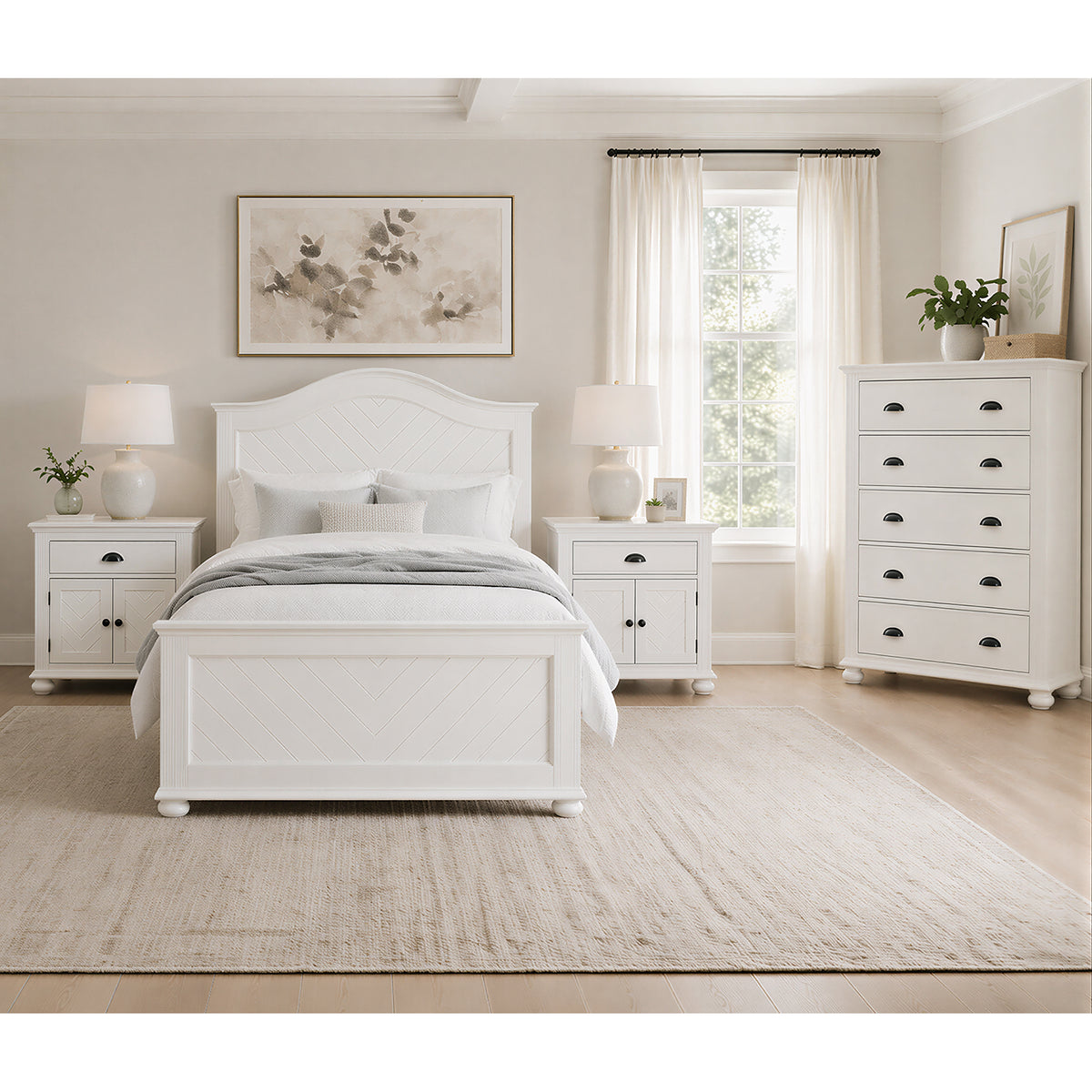 Kona White 4-Piece Queen Bedroom Set with 2 Nightstands & Chest - Ornate Home