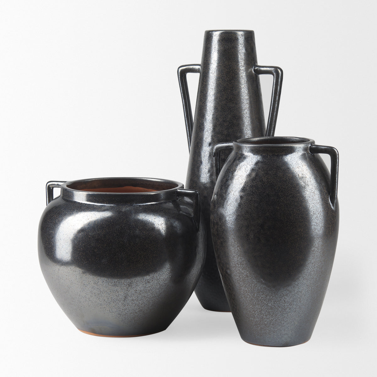 Kora Gray Short Dark Metallic Double Ear Vase - Ornate Home