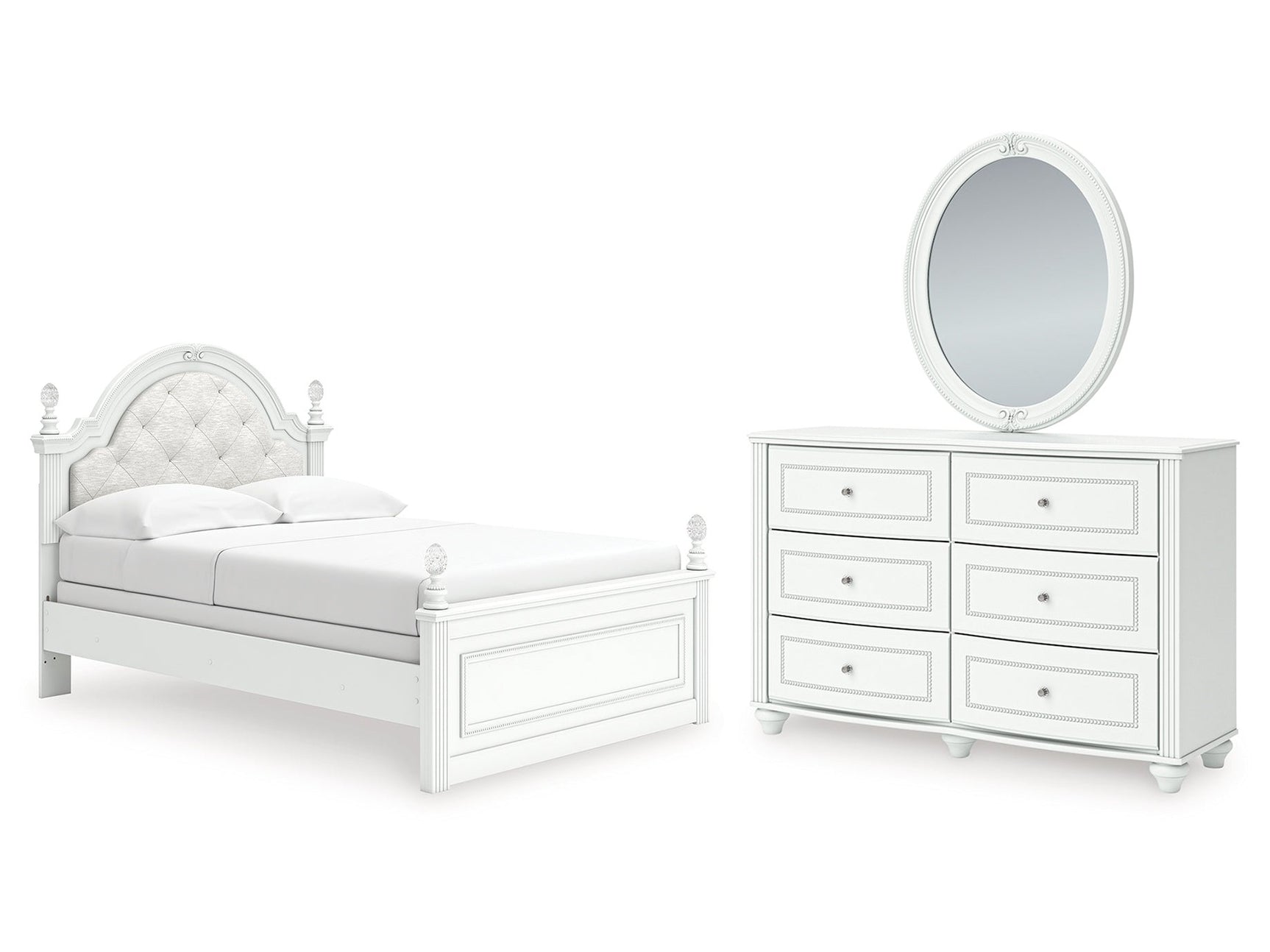 Kozlani White Full Upholstered Panel Bed, Dresser and Mirror - Ornate Home