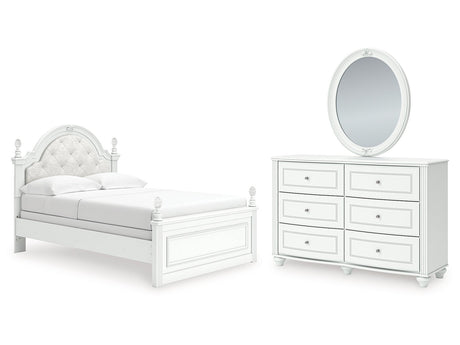 Kozlani White Full Upholstered Panel Bed, Dresser and Mirror - Ornate Home