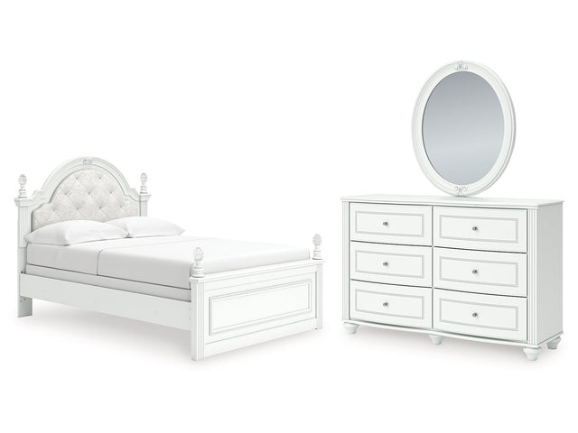 Kozlani White Full Upholstered Panel Bed, Dresser and Mirror - Ornate Home