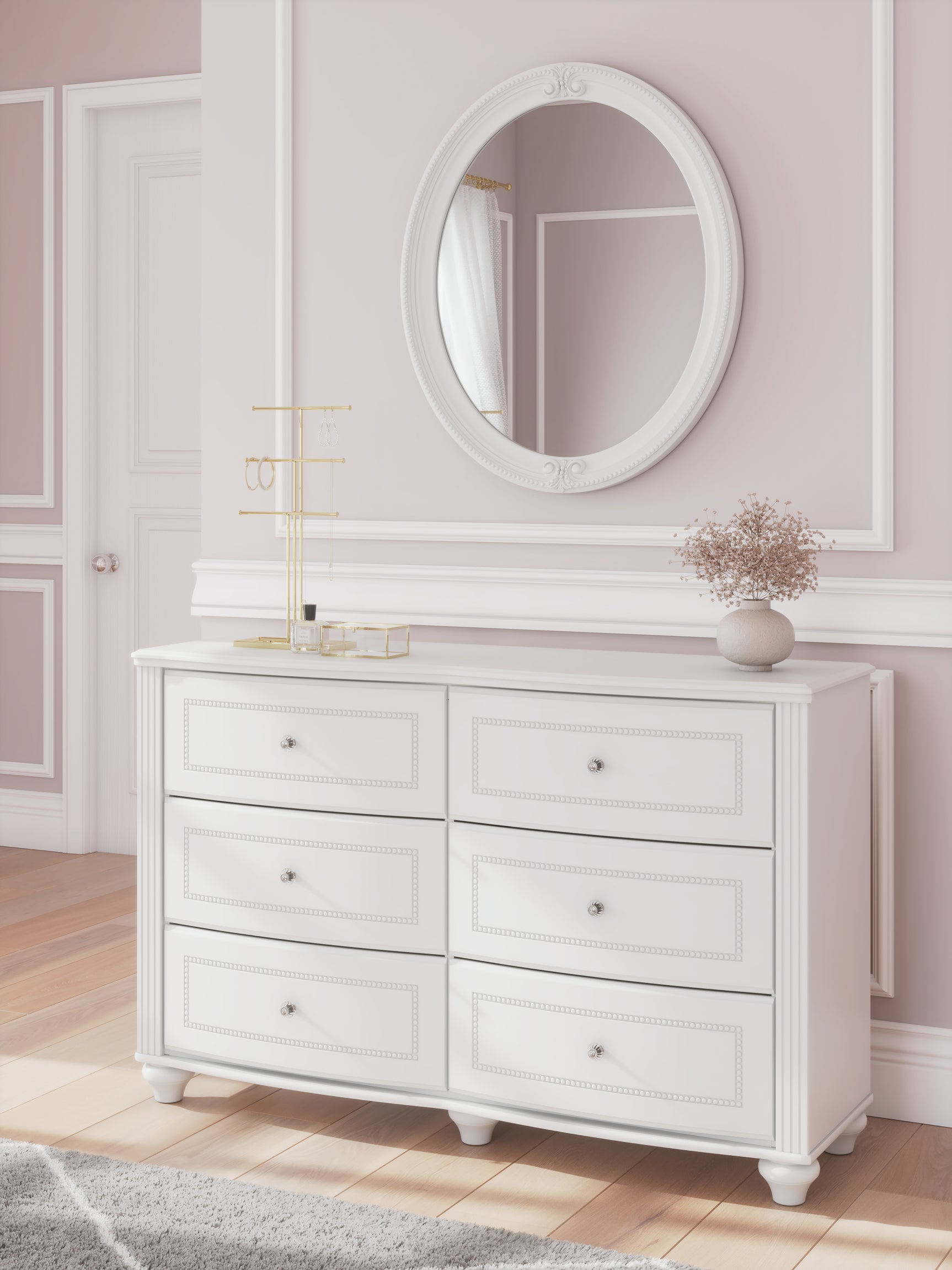 Kozlani White Twin Upholstered Panel Bed, Dresser and Mirror (Online Special Price) - Ornate Home
