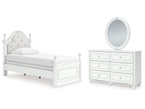 Kozlani White Twin Upholstered Panel Bed, Dresser and Mirror - Ornate Home