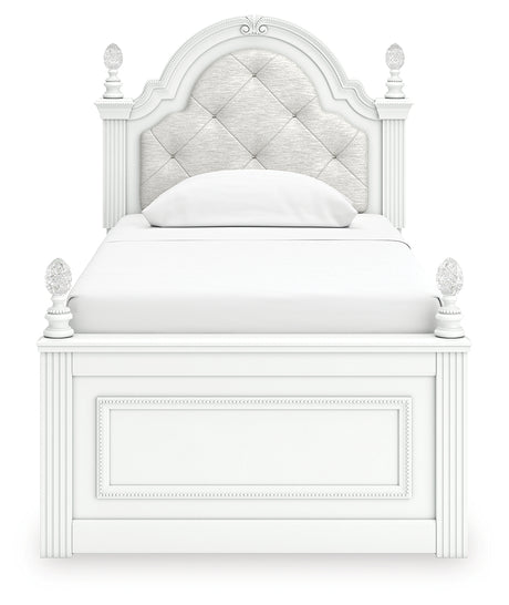 Kozlani White Twin Upholstered Panel Bed, Dresser and Mirror - Ornate Home
