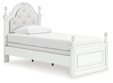Kozlani White Twin Upholstered Panel Bed, Dresser and Mirror - Ornate Home