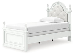 Kozlani White Twin Upholstered Panel Bed, Dresser and Mirror - Ornate Home