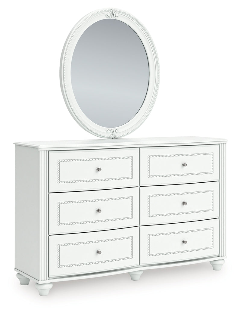 Kozlani White Twin Upholstered Panel Bed, Dresser and Mirror - Ornate Home