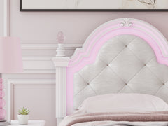 Kozlani White Twin Upholstered Panel Bed, Dresser and Mirror - Ornate Home