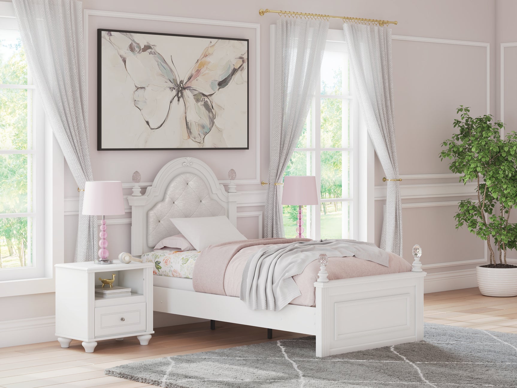 Kozlani White Twin Upholstered Panel Bed, Dresser and Mirror - Ornate Home