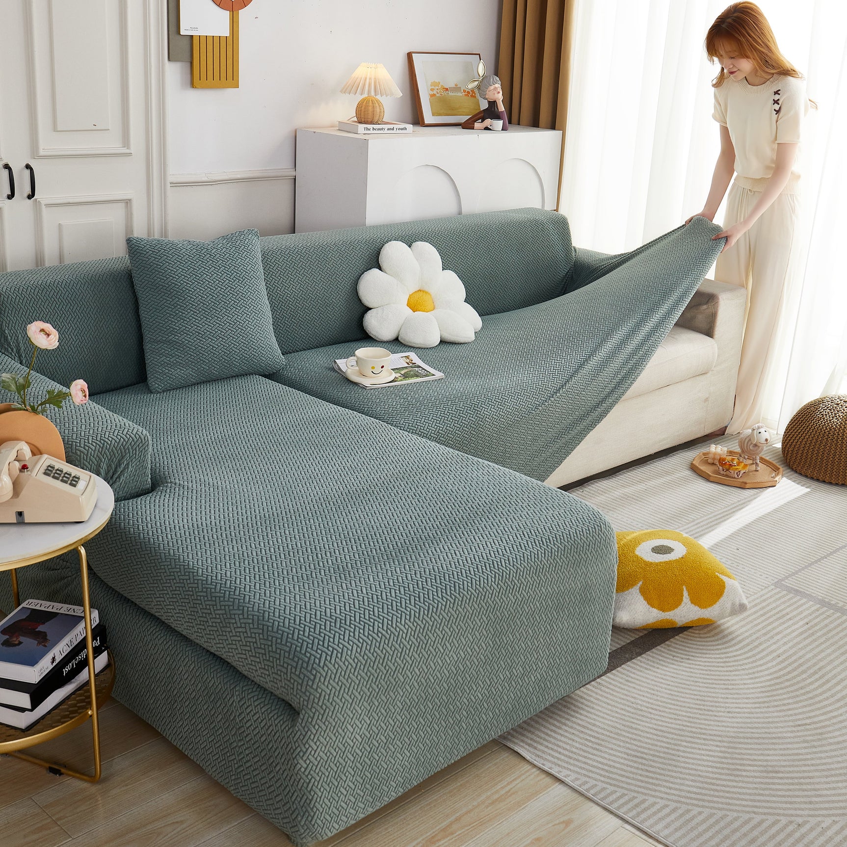 L Shape Couch Covers Stretch Slipcovers Furniture Protector with 1pcs Free Pillowcases - Ornate Home