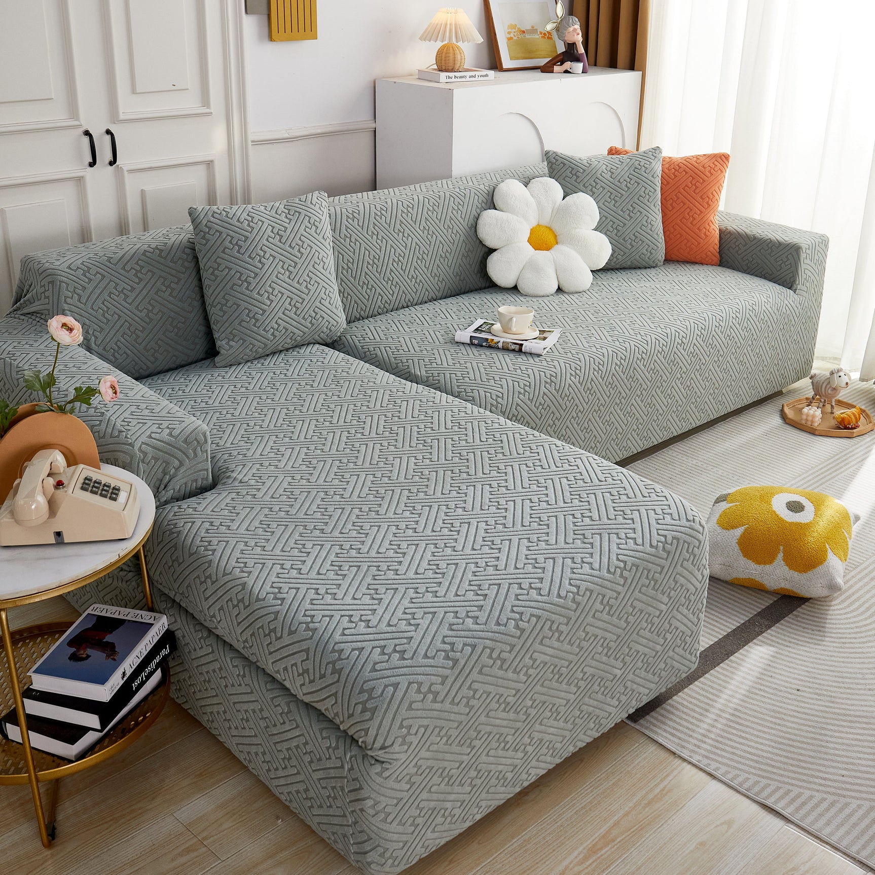 L Shape Sectional Sofa Cover Soft Stretch Furniture Protector Couch Slipcover with 1pcs Free Pillowcases - Ornate Home