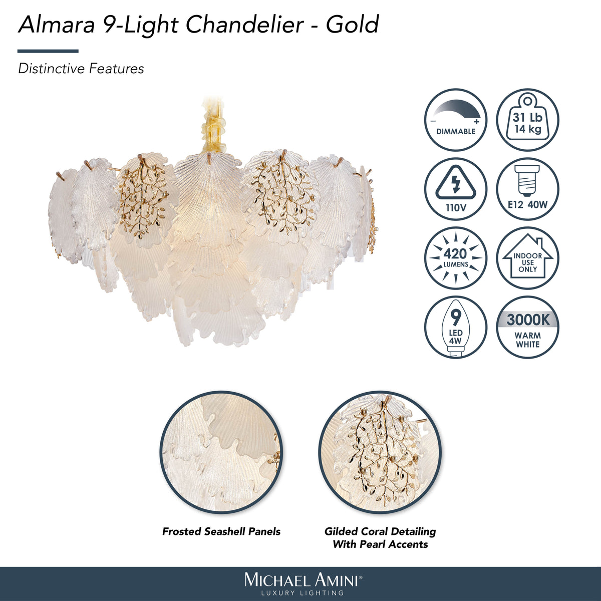 Almara Frost/Gold 9-Light Frosted Glass Chandelier