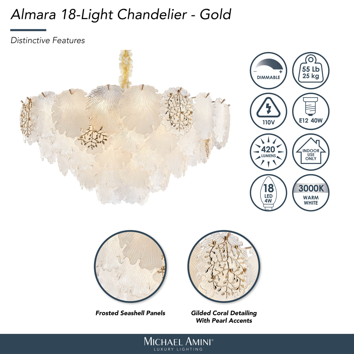 Almara Frost/Gold 18-Light Frosted Glass Chandelier