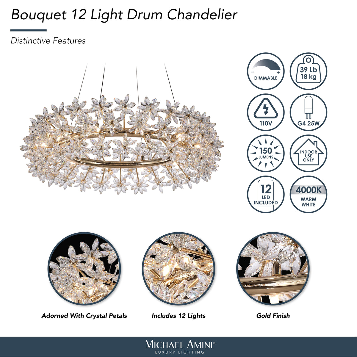 Bouquet Gold Round 32" Crystal Chandelier