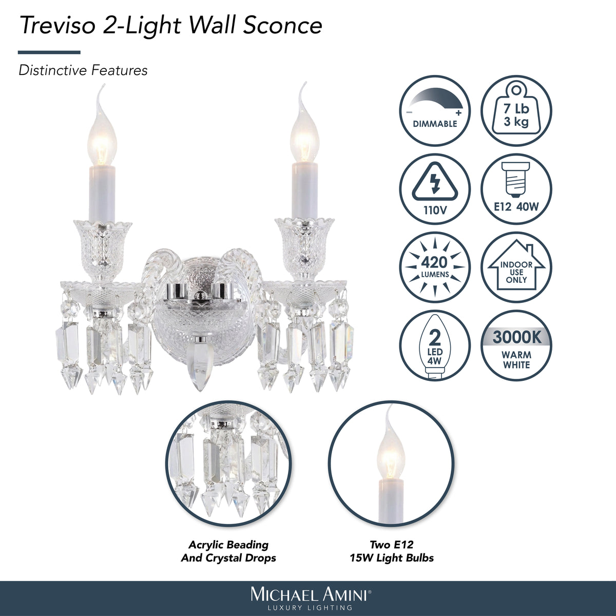 Treviso Clear 2-Light Traditional Crystal Wall Sconce