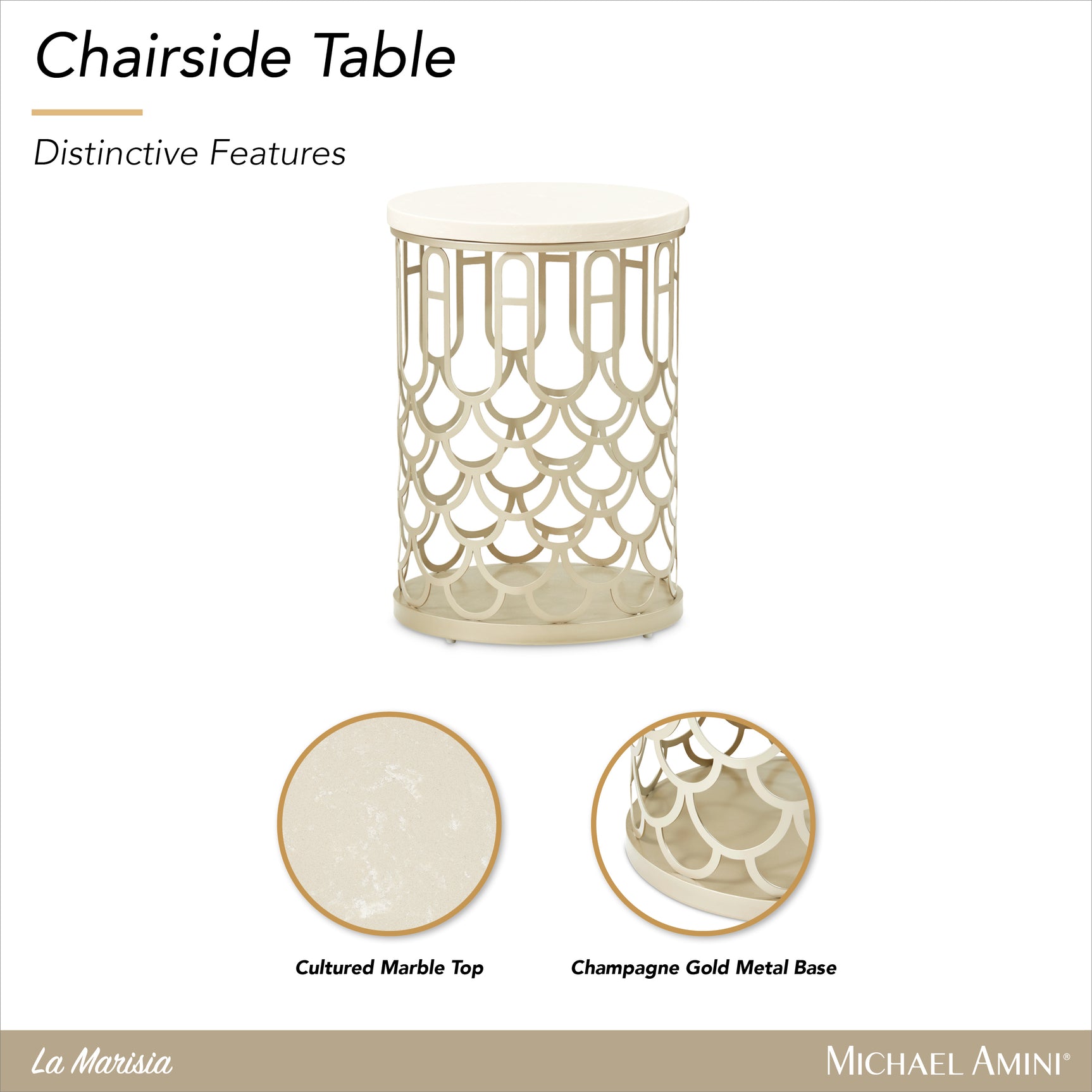 La Marisia Champagne Gold Marble Chairside Table - Ornate Home
