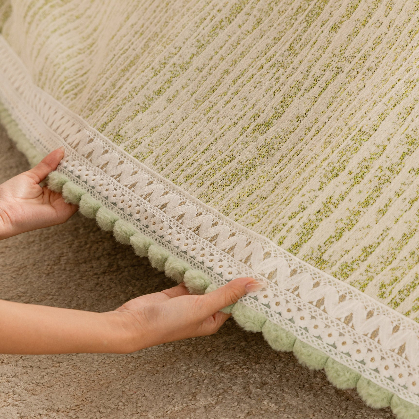 Lace Trim Pom Pom Tassel Edge Slipcover, Durable Furniture Cover for Pets Couch Sofa - Ornate Home