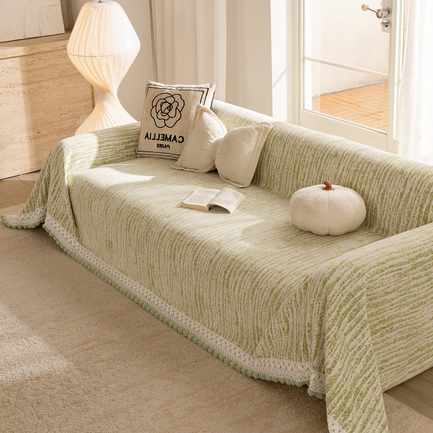 Lace Trim Pom Pom Tassel Edge Slipcover, Durable Furniture Cover for Pets Couch Sofa - Ornate Home