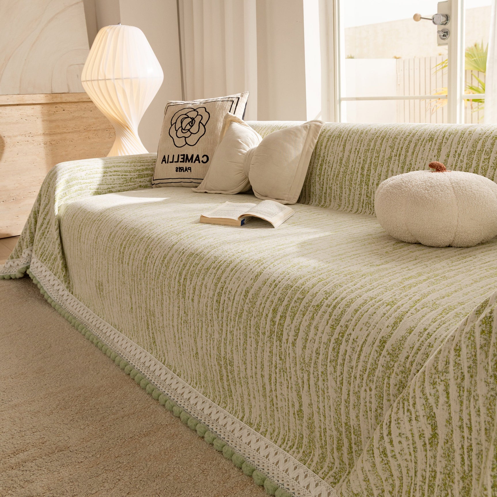Lace Trim Pom Pom Tassel Edge Slipcover, Durable Furniture Cover for Pets Couch Sofa - Ornate Home