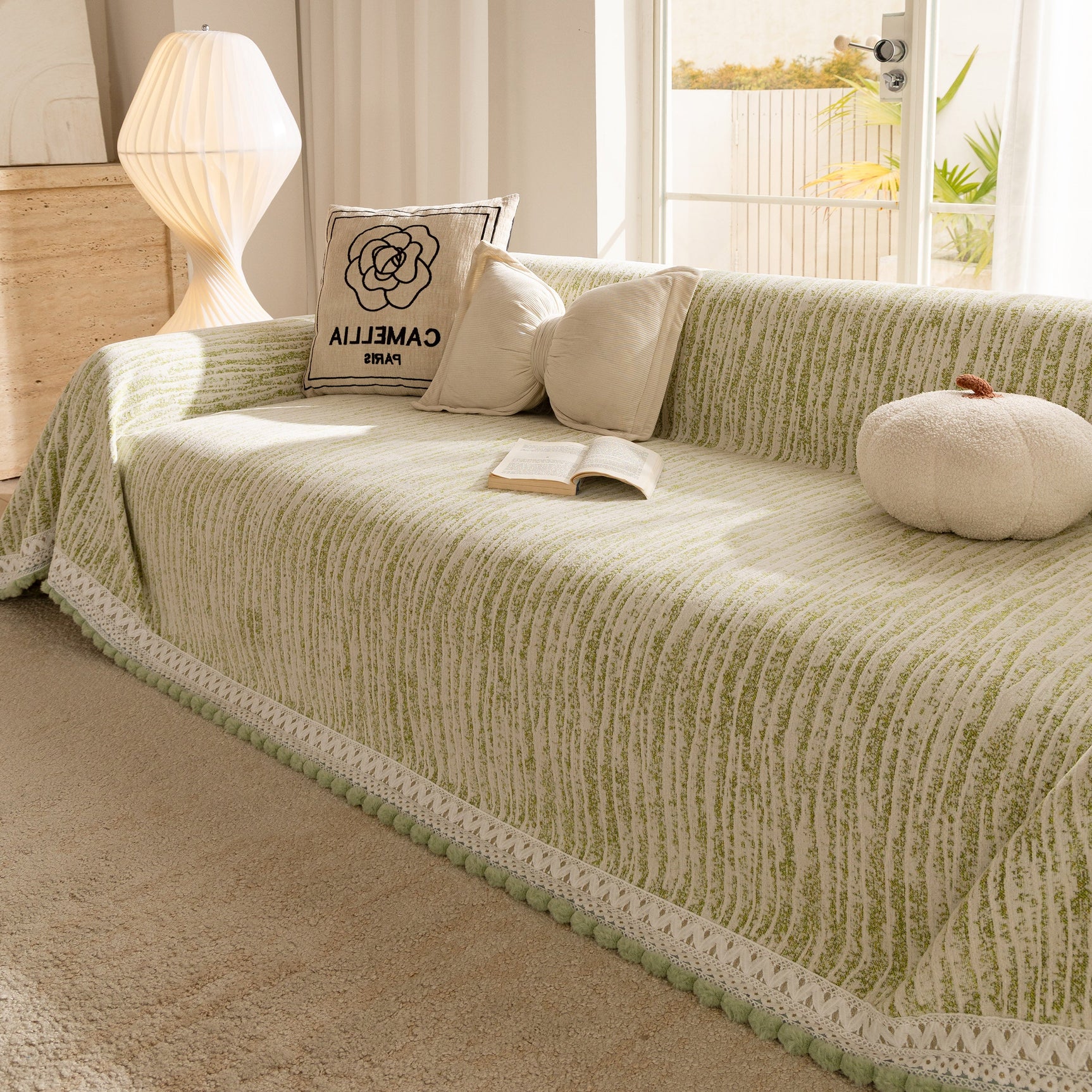 Lace Trim Pom Pom Tassel Edge Slipcover, Durable Furniture Cover for Pets Couch Sofa - Ornate Home