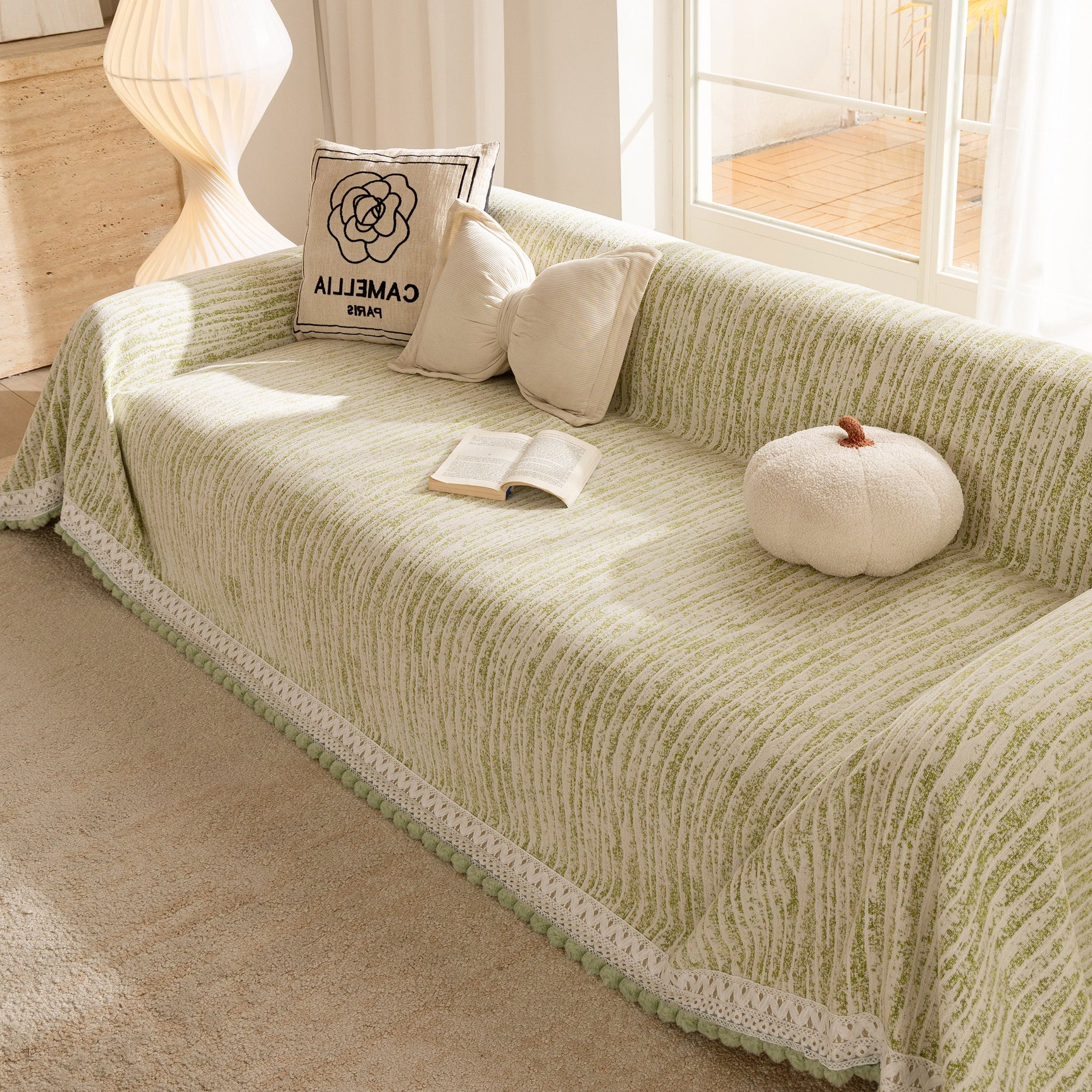 Lace Trim Pom Pom Tassel Edge Slipcover, Durable Furniture Cover for Pets Couch Sofa - Ornate Home