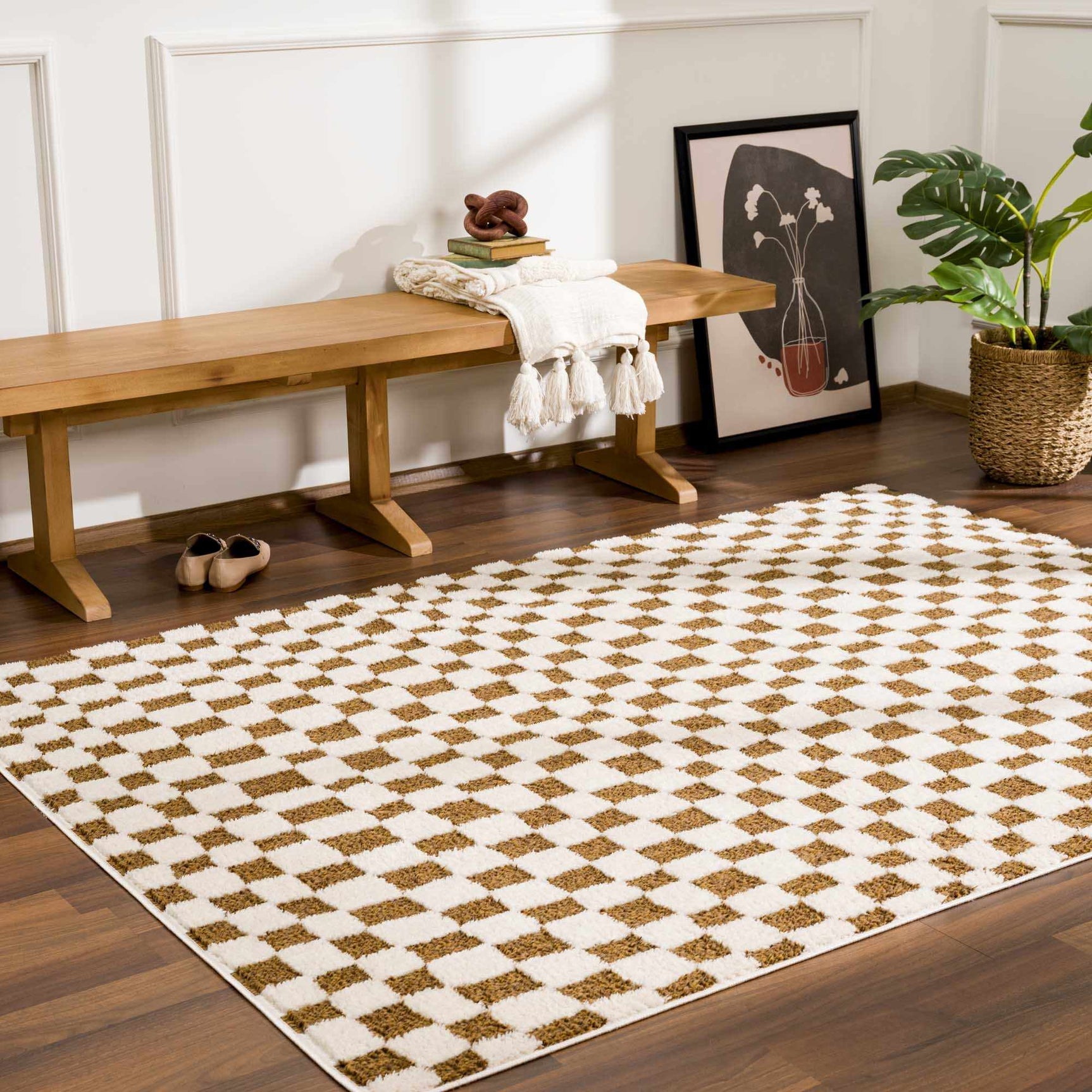 Lajos Brown Checkered Shag Rug - Clearance - Ornate Home