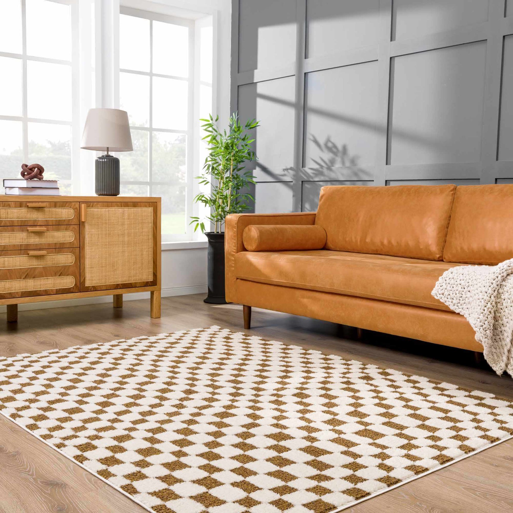 Lajos Brown Checkered Shag Rug - Clearance - Ornate Home