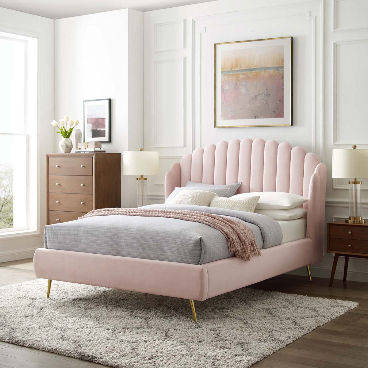 Lana Pink Performance Velvet Queen Wingback Platform Bed - Ornate Home