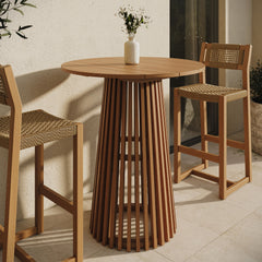 Lane Natural 35 Inch Round Outdoor Patio Teak Wood Bar Table - Ornate Home