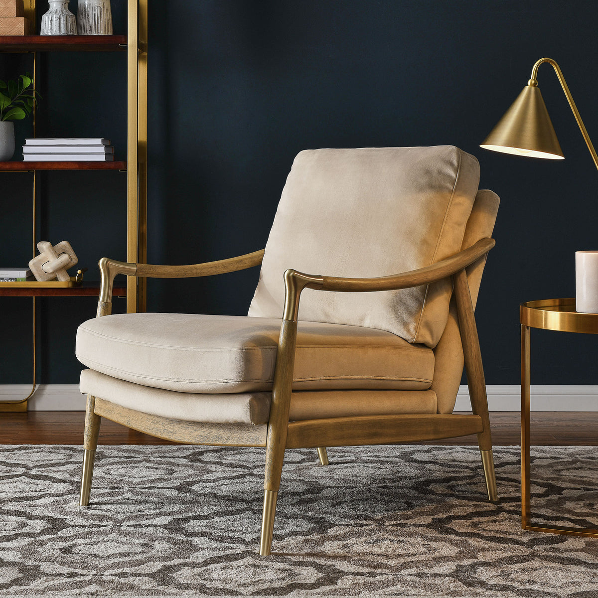 Langford Almond/Walnut Performance Velvet Accent Armchair - Ornate Home