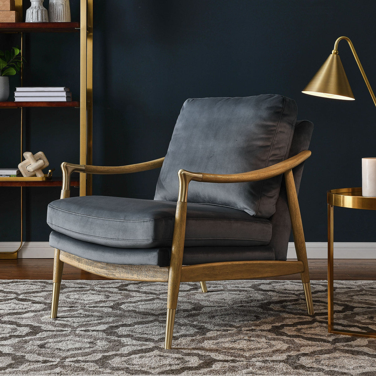 Langford Cadet Blue/Walnut Performance Velvet Accent Armchair - Ornate Home