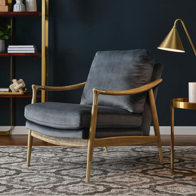 Langford Cadet Blue/Walnut Performance Velvet Accent Armchair - Ornate Home