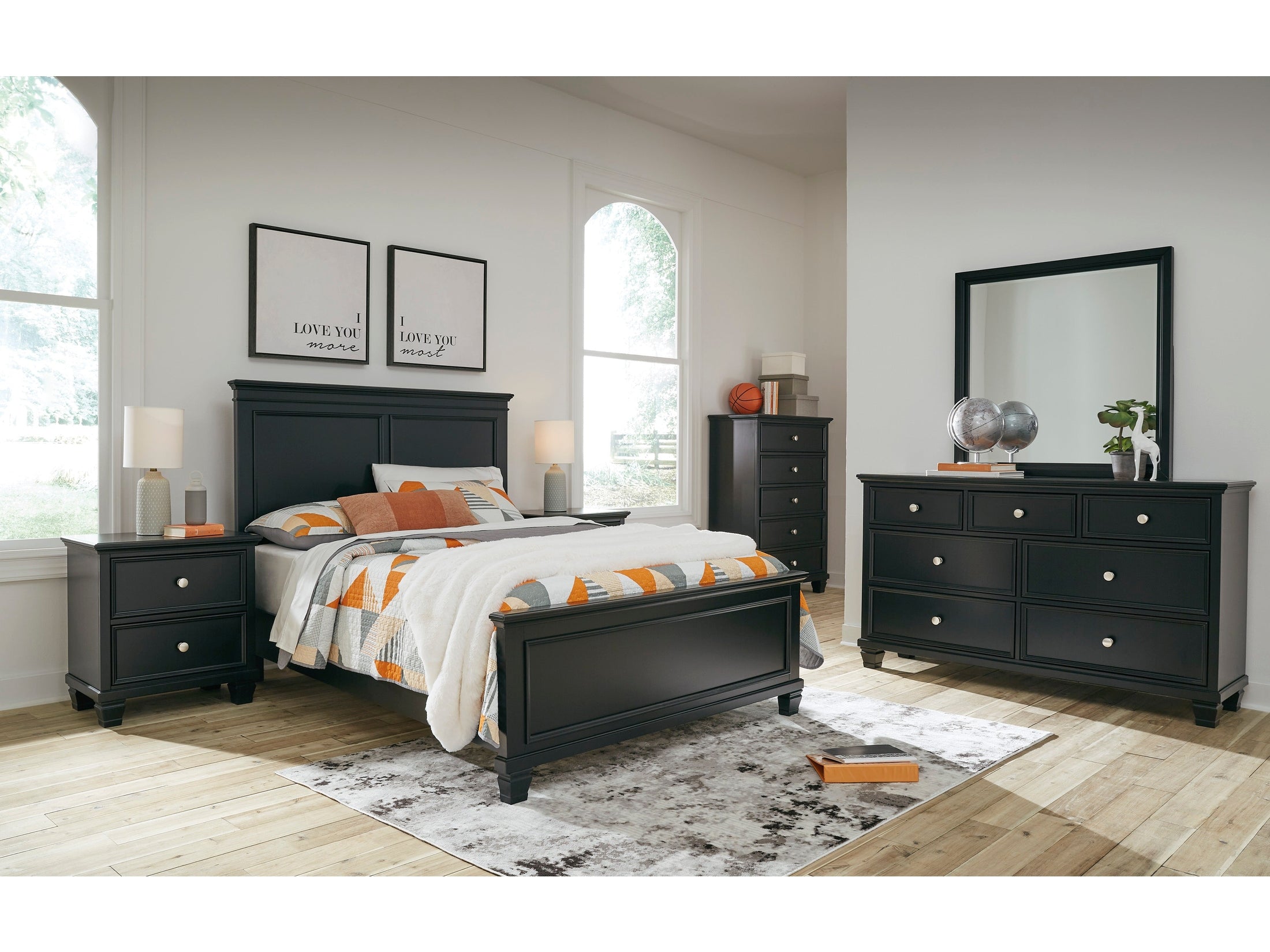 Lanolee Black Full Panel Bed with Mirrored Dresser and Nightstand